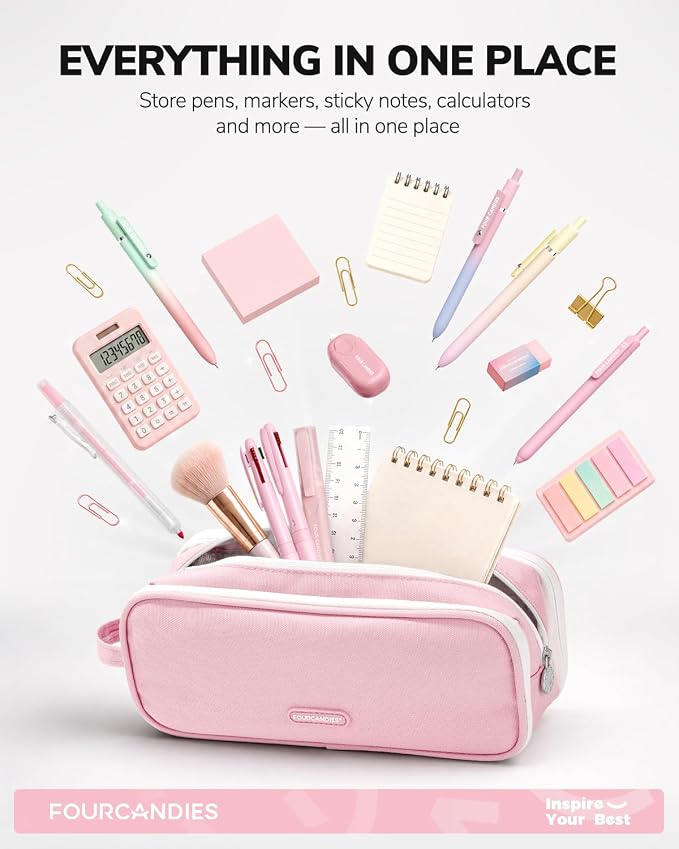 Four Candies Large 3-Compartment Pencil Case Organizer Pouch | Large Pen Bag for Stationery & Office Multi-Purpose Organizer Makeup Bag Travel Bag with Handle (Pink)