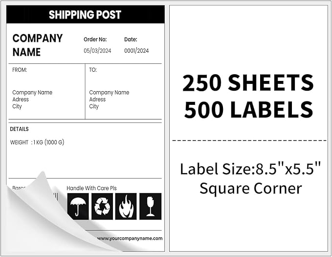 250 Sheets 500 Labels Half Sheet Self Adhesive Shipping Labels for Laser & Inkjet Printers, 8.5" x 5.5" Shipping Mailing Label, White