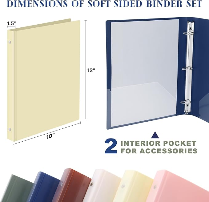 Fulmoon 6 Pack Plastic 3 Ring Binder Assorted Colors Economy Flexible Round Ring Presentation Binders with Pocket for Office School Meeting(1.5 Inch,Morandi Colors)