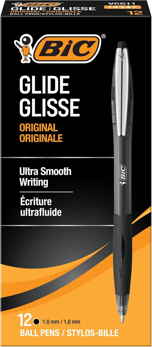 BIC Glide Black Retractable Ballpoint Pens, Medium Point (1.0mm), 12-Count Pack, Ultra Smooth Writing Black Pens