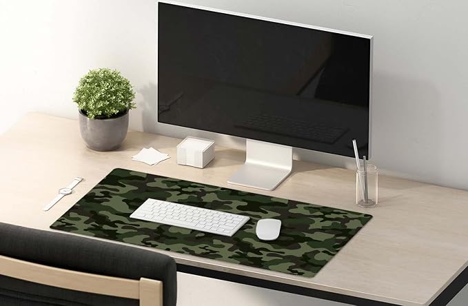 SSOIU Extended Gaming Mouse Pad (35.5x15.7 in), Large Non-Slip Rubber Base Mousepad with Stitched Edges, Waterproof Keyboard Mouse Mat Desk Pad for Work, Game, Office, Home - Green Camouflage