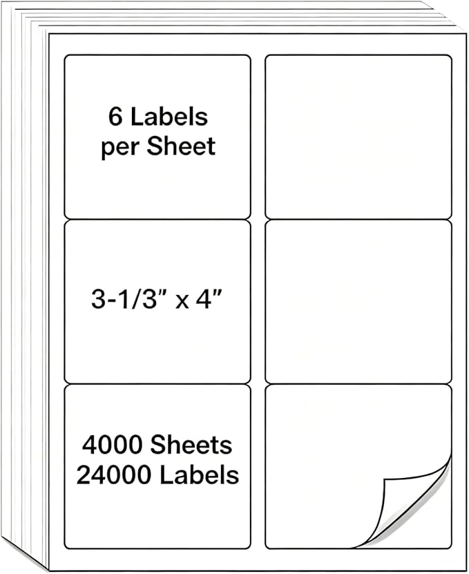 MPRT 4000 Sheets 3-1/3" x 4" Shipping Address Labels Printable Label Stickers Paper for Laser/Inkjet Printer 6 per Page Mailing Labels, FBA Box Labels - Matte, 24000 Labels