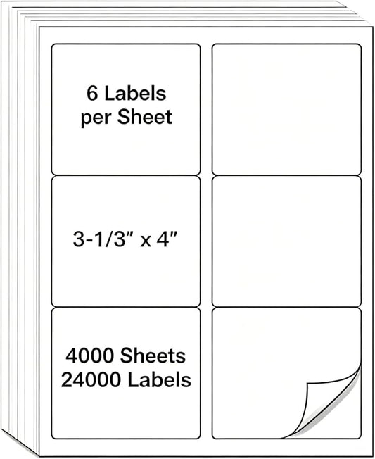 MPRT 4000 Sheets 3-1/3" x 4" Shipping Address Labels Printable Label Stickers Paper for Laser/Inkjet Printer 6 per Page Mailing Labels, FBA Box Labels - Matte, 24000 Labels
