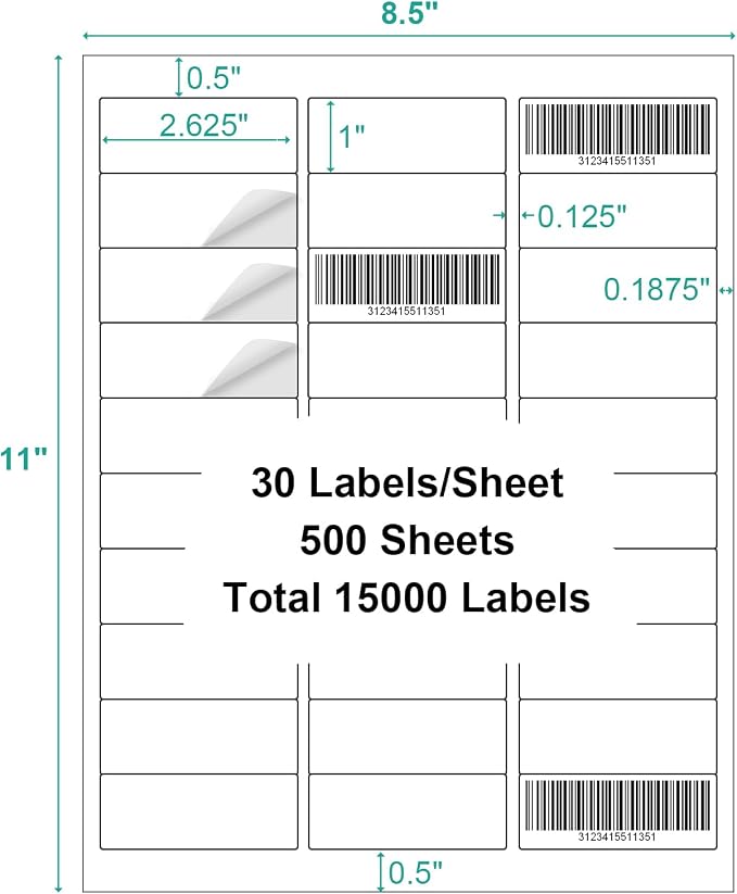 1" x 2-5/8" White Blank Printable Shipping Label, 500 Sheets 15000 Labels Shipping Address Labels, Address Mailing Labels for Laser & Inkjet Printer, Strong Adhesive for FBA Label, Easy to Peel