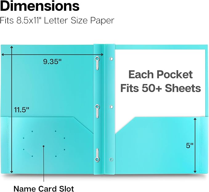 Dunwell Pastel Folders with Prongs (6 Pack), Aesthetic Back to School Supplies, 2 Pocket 3-Prong Color-Coded Plastic Folders for School, Labels Included