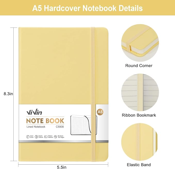 ViVin Lined Journal Notebooks,3 Pack,192 Pages,Medium 5.5 x 8.3 inch,College Ruled,A5 Hardcover Notebooks,Journaling Notebooks for Professional Office Work,Writing, School