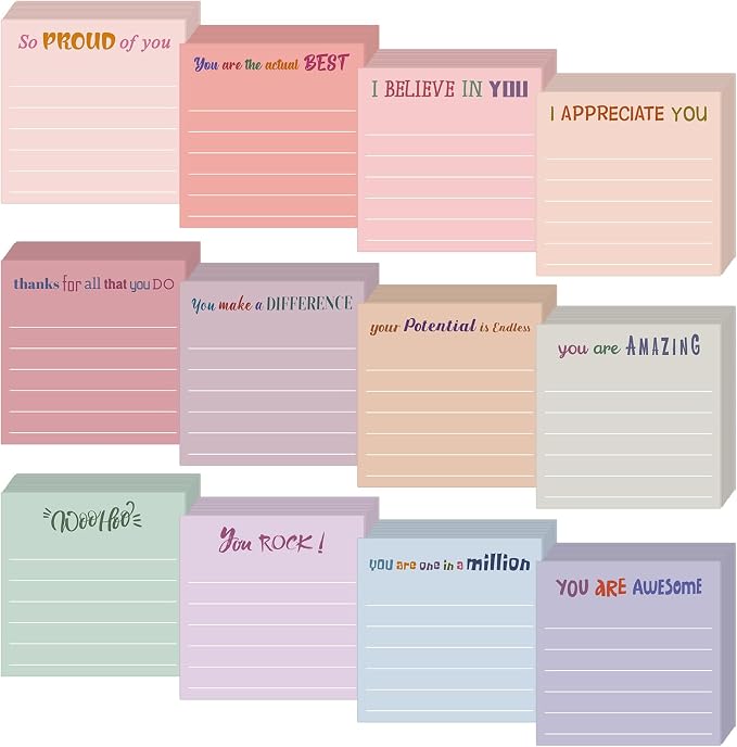Yinder 12 Pcs Inspirational Sticky Notes, Back to School Supplies, Cute Motivational Sticky Notes Pad Employee Appreciation Gifts Bulk for Teacher Coworker Office 3 x 3'' (Appreciation,Aesthetics)