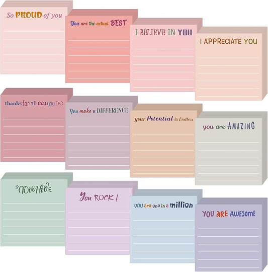 Yinder 12 Pcs Inspirational Sticky Notes, Back to School Supplies, Cute Motivational Sticky Notes Pad Employee Appreciation Gifts Bulk for Teacher Coworker Office 3 x 3'' (Appreciation,Aesthetics)