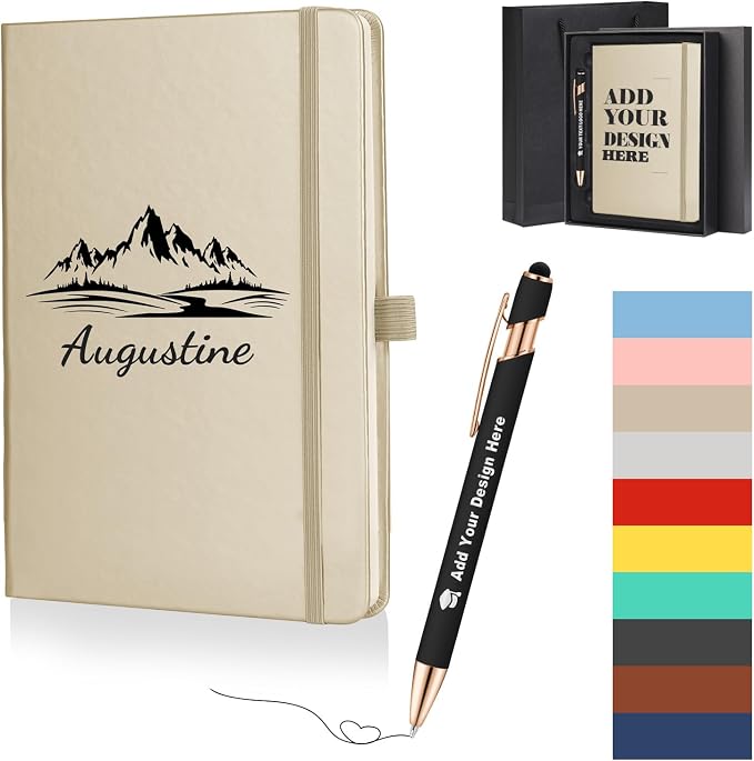 ENOMY Personalized A5 Notebook Gift Set with Custom Pen PU Leather Journal Box, Gold