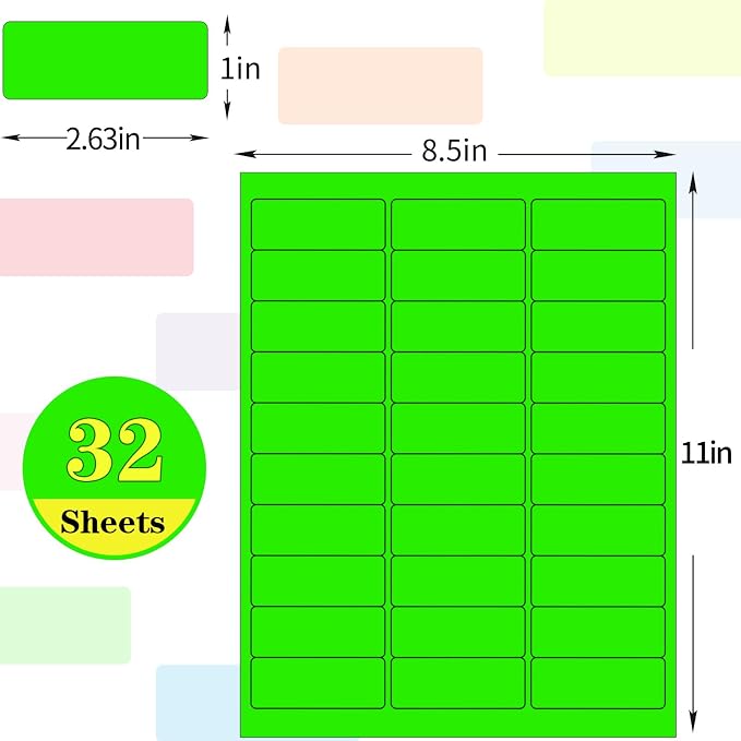 1''*2.625''Colored Labels Stickers 8 Colors Bright Moving Labels for Boxs 32 Sheets, Labels for Laser/Inkjet Printer, Permanent Adhesive