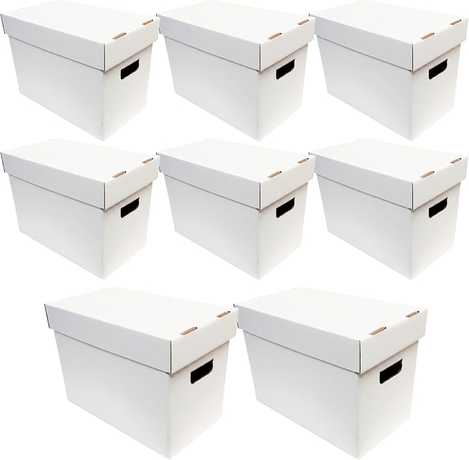 Max Protection Magazine Storage Boxes with Lids - Heavy Duty, 8 Pack | 200 lb Test Corrugated, Made in USA, File and Document Organizer, White, Tool-Free Assembly