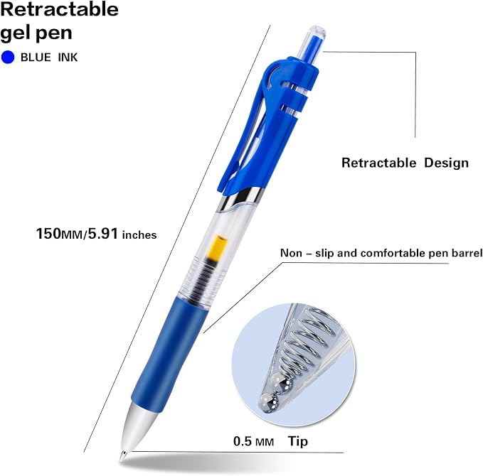 30pcs Blue Gel Ink Pens for Writing, 0.5 mm Pens Fine Point Smooth Writing Pens for Journaling, Bulk Retractable Rollerball Pens for School Office.