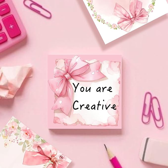 9 Pads Pink Bow Sticky Notes Set, Cute Self-Stick Notepads, Super Adhesive Memo Pads Note Card, Office Decor Gifts, Desk Accessories for Students, School Supplies for Girls, 3x3in