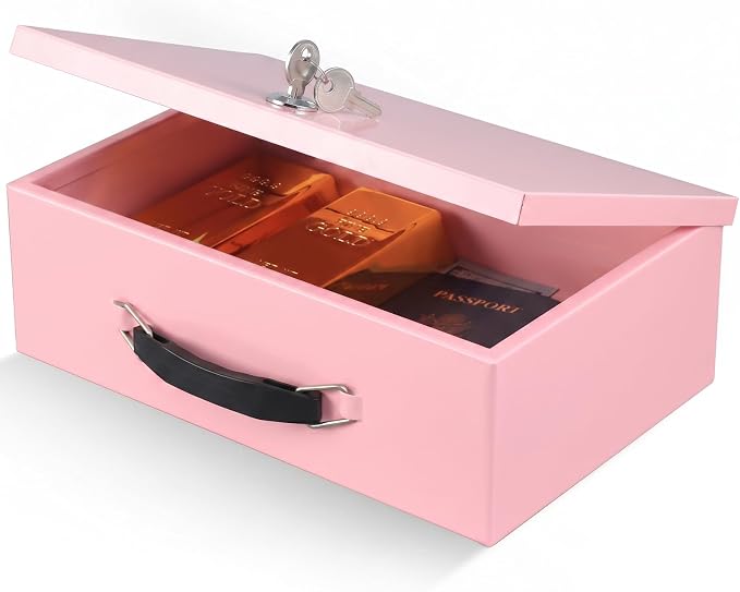xydled Fire Resistant Safe Fire Safe Box with Key Lock for Home Office Security Storage for Valuables Documents,12.8 x 8.5 x 4.5 Inch,Pink