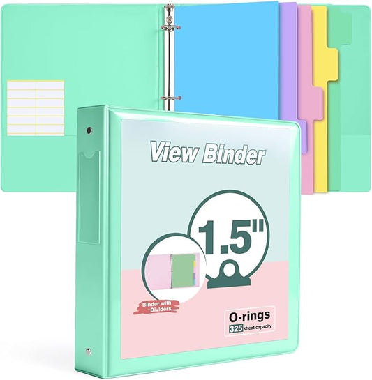 3 Ring Binder 1.5 inch，Cute Binder Organizer with 5 Tab Dividers Fits 175 Sheets of 8.5x11 Paper, Customizable Clear Cover with Inside Pockets,Aesthetic 1.5" Three Ring Binders for School Office,Green