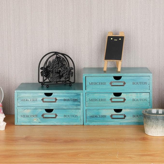 Small Wooden Drawers Wooden Box with Drawer Blue | 2 Drawer Storage Box for Apothecary Cabinet, Apothecary Drawers，Desktop Organizer with Metal Handles for Office，Home