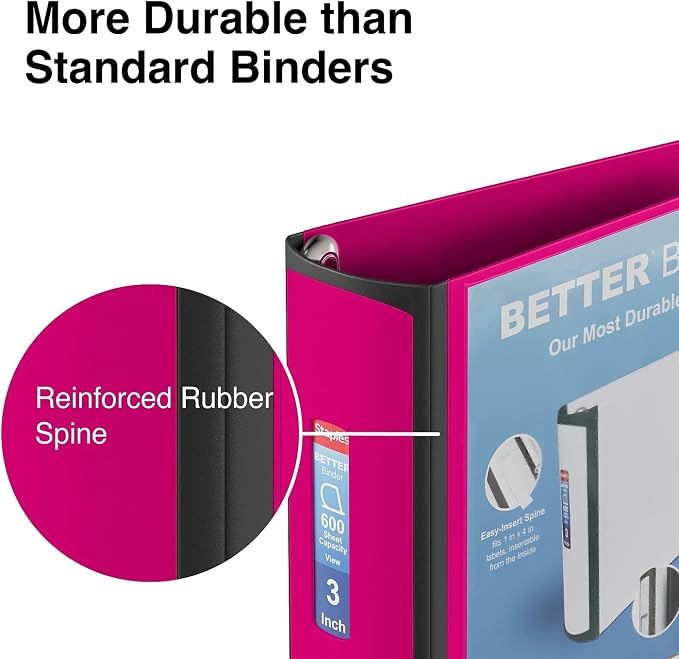 Staples Better Binder, 3" Heavy‑Duty D‑Ring 3‑Ring Binder, Pink, Reinforced Spine, 600‑Sheet Capacity, Durable Organizer for Office, School & Presentations, 2‑Pack