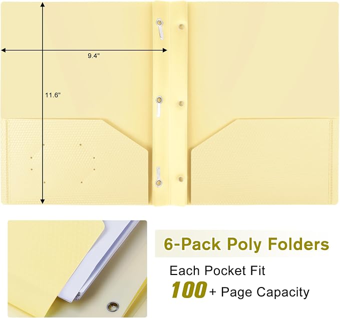 6-Pack Plastic andPockets and Prongs,2-Pocket and3 Fasteners, Pastel Folders Holds 8-1/2" x 11" Paper for School/Office/Home, Yellow