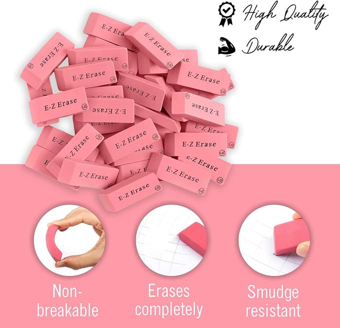 Pink Erasers, 12 Count Rectangular Eraser Bulk Pack, Latex Free Pink Pearl Erasers for School Supplies, Art and Office