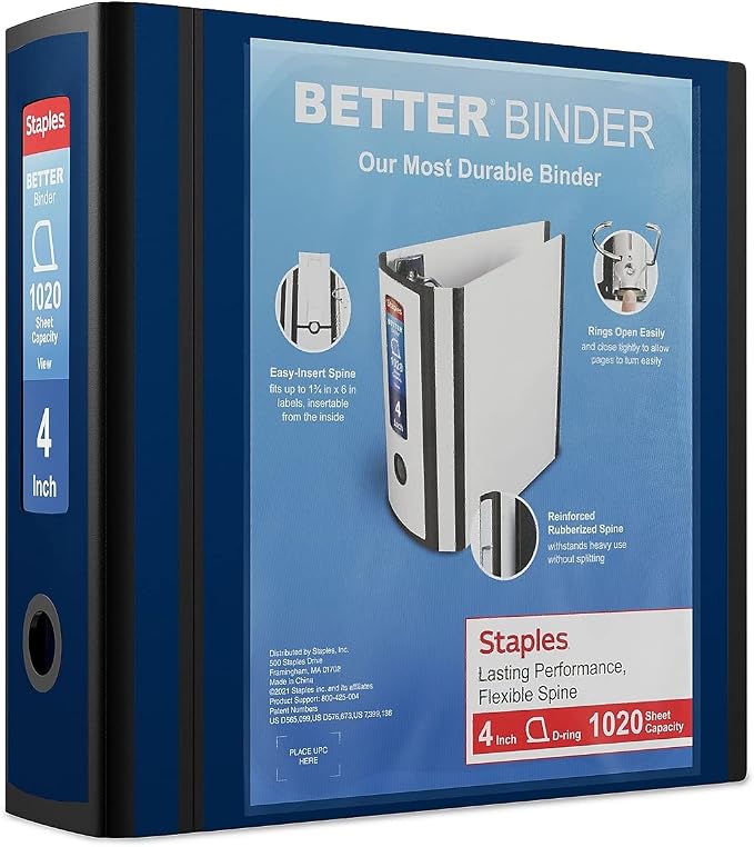 Staples Better Binder 4-Inch D-Ring View Binder, Reinforced Spine, Holds Up to 800 Sheets, Blue, for Office & Archiving