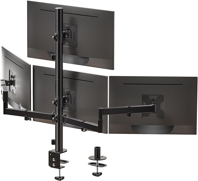 WALI Quad Monitor Mount for 13-27 Inch Screens, Fully Adjustable 4 Monitor Stand with Swivel, Tilt, Rotation, Clamp & Grommet Base Kit, Max Load 22lbs per Screen (M004S), Black