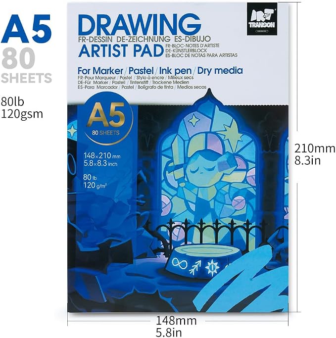 TRANSON A5 Small Sketchbook Marker Pad, 80lb/120gsm Heavyweight Art Paper, No Bleed Through, 80 Sheets/160 Pages 5.8"x8.3" for Drawing & Sketching