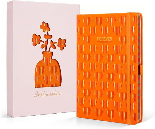 Comix Pretty Lined Journal for Women, 5.5" x 8.3" Hardcover Leather Journal for Writing & Note Taking, A5 Cute Notebook for Office School Home, 192 Pages,100 GSGM Paper, Orange, Heart Motif
