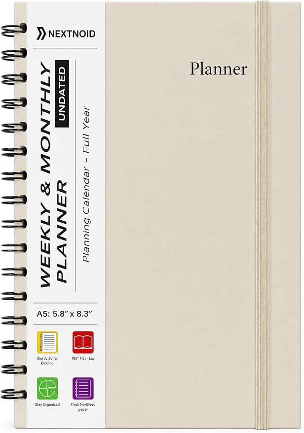 Undated Monthly and Weekly Planner - 12 Month Calendar Planner Notebook with Week Days - Hardcover Undated Planners Blank Agenda Book - A5 Beige
