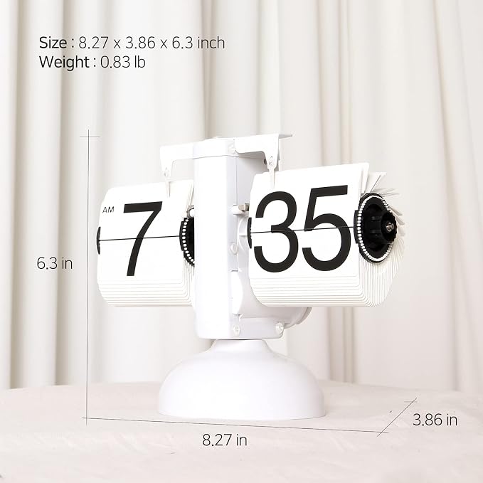 mooas Flip Desk Clock (White), Retro Vintage Design Auto Flip Table Clock | Large Number Battery Powered Internal Gear Operated Home Decor Ideal for Home Office School Hotel Cafe
