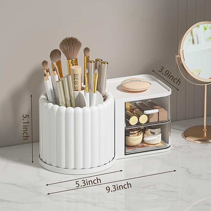 Rotating Makeup Brush Holder Organizer with Removable Dividers, White | 7 Slots Make Up Brush Organizer with Drawer 360 Spinning Cosmetic Storage Pen Holder for Desk, Vanity, Dresser