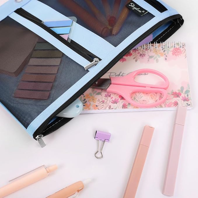 SKYDUE 3 Ring Pencil Pouch for Binder, Zipper Binder Pencil Pouch with 3 Pockets and Mesh Window, Durable Organizer for School Supplies, Cables, Earbuds, Makeup