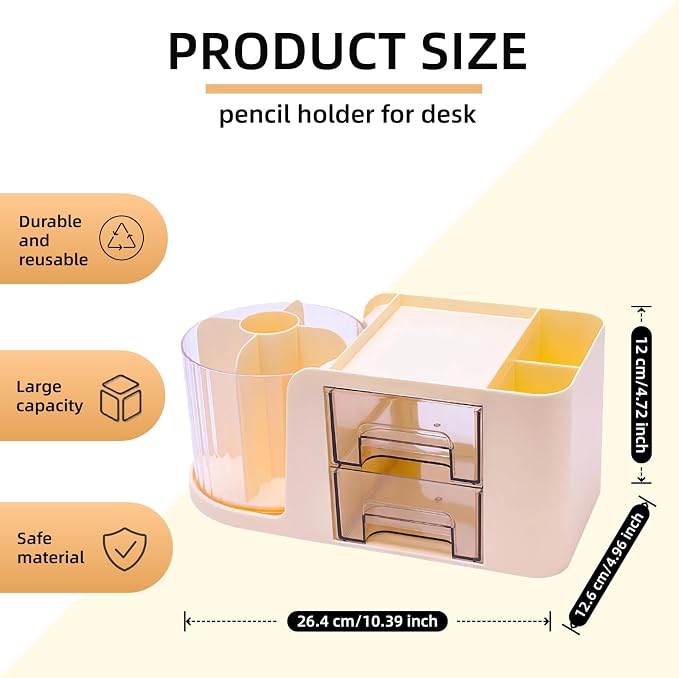 Desk Organizer with 2 Drawer, 360°Rotating Pencil Holder for Desk, Office organization, Desk accessories for women with 5 Compartments for School, Home, Office Supplies, Includes Cute Sticker (Yellow)