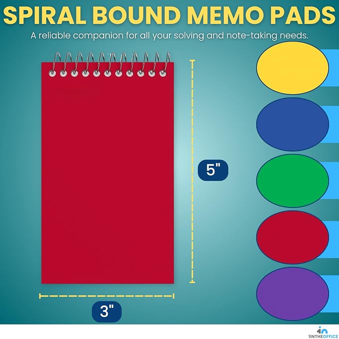 1InTheOffice Wirebound Spiral Memo Books, Memo Pads, 3" x 5", College Ruled, Small Notepad 3x5, Assorted, 75 Sheets/Pad, 5 Pads/Pack (10)