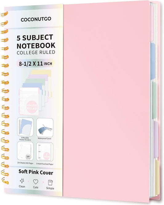 5 Subject Spiral Notebook, College Ruled, 150 Sheets, Pink Plastic Cover, 5 Movable Pastel Tab Dividers with Pockets, 3-Hole Punched, 75gsm Paper, Writable Stickers, Fits 8.5 x 11 in Paper