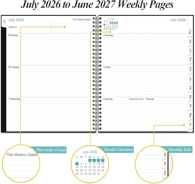 2026-2027 Planner - Planner 2026-2027 from July 2026 - June 2027, Weekly & Monthly Planner Spiral Bound with 12 Monthly Tabs, Inner Pocket, 6.4" x 8.5", Black-E