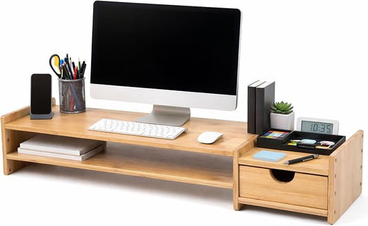 Bamboo 2-Tier Monitor Stand Riser with Drawers, Desktop Organizer for Laptop, Computer, Printer, Cellphone - Reduce Neck & Eye Strain, Office & Home Use