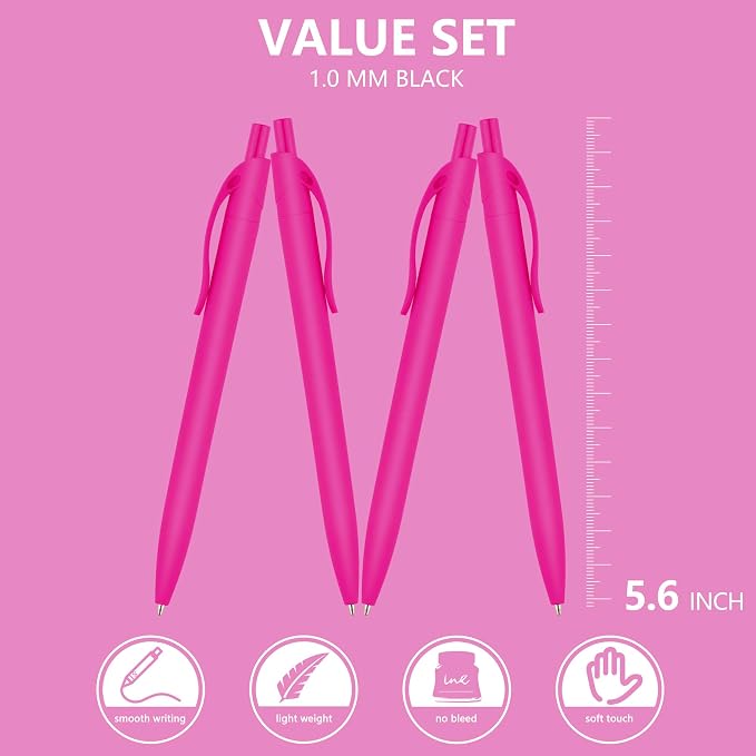 Deegtran Pens Bulk, 100 Pack No Bleed Hot Pink Barrel Click Pens, Wholesale Retractable Ballpoint Pens, Medium Point, Smooth Ink, 1.0MM Black Ink