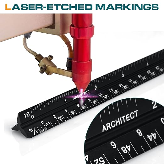 6 Inch Architectural Scale Ruler, Laser-Etched Aluminum Triangular Ruler Set (Red & Black) - Imperial Scale for Architects, Engineers, Students & Draftsmen - 2-Pack
