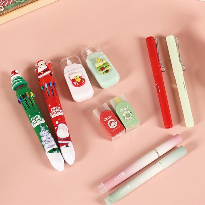 MOZXIRZ 6 Pcs Cute Christmas Stationery Set for Girls Boys Women Men Xmas School Supplies Office Supplies Including Gel Ink Pens Ballpoint Pens Pencil Eraser Christmas Gift (Xmas-Red)