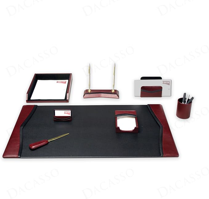 Dacasso Burgundy w/Black Trim Leather Luxury 8-Piece Desk Accessory Set - Blotter Pad/Mat & Desk Organization Essentials - Executive Decor and Surface Protector