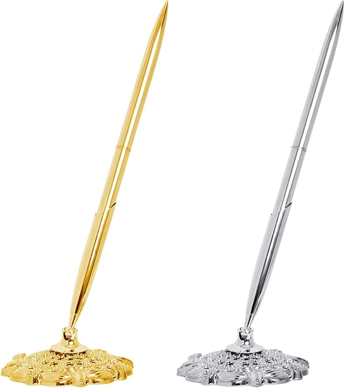 2 Pcs Hollow Round Pen Holder Metal Pen Stand Holder Set Signing Pen Set Signing Desk Ballpoint Pens for Guest Book Wedding Birthday Party Graduation Teacher Office Business (Gold Silver)