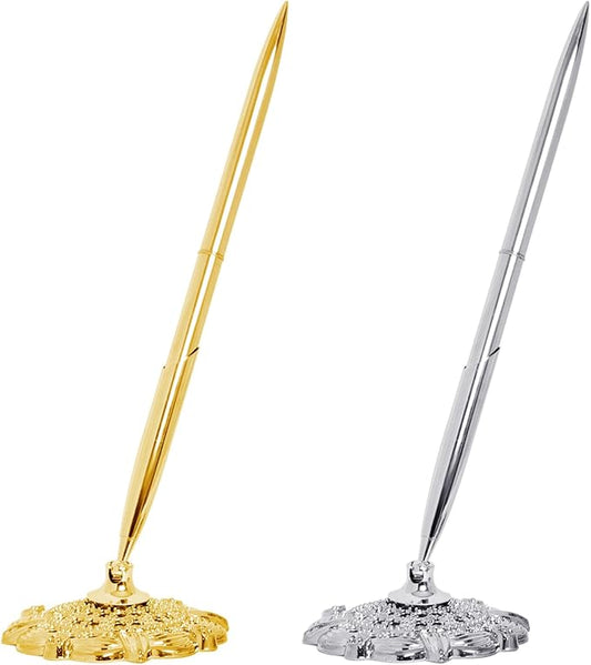 2 Pcs Hollow Round Pen Holder Metal Pen Stand Holder Set Signing Pen Set Signing Desk Ballpoint Pens for Guest Book Wedding Birthday Party Graduation Teacher Office Business (Gold Silver)