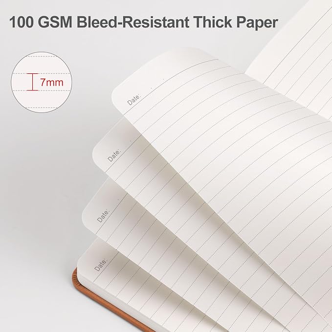 EMSHOI Lined Journal Notebook, 192 Numbered Pages, A5 Size (5.7'' x 8.3'') | Leather Hardcover, 100 GSM Thick Paper, for Women & Men, Journaling, Writing, Work & Office, Sun Debossed (Brown)