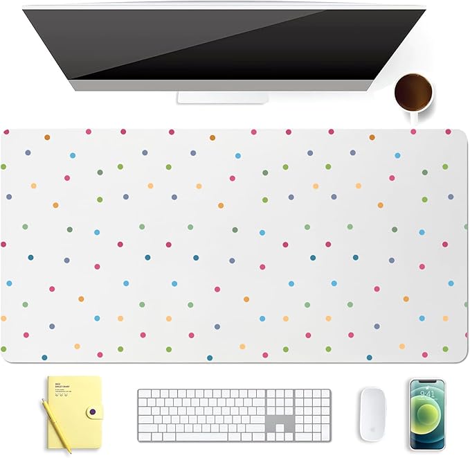 Kawaii Polka Dot Leather Desk Mat Extended Gaming Mouse Pad | Non-slip Large Writing Pad Laptop Blotter Computer Keyboard Mat | Cute White Desk Protector for Home Office 27.6" x 13.8"