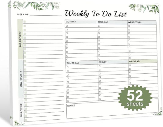 Weekly To Do List Notepad - 52 Undated Glue Bound Tear-Off Sheets (8.5"x11") for Desk Planning | Home, Work & School Organization Pad for Women & Men (Green)