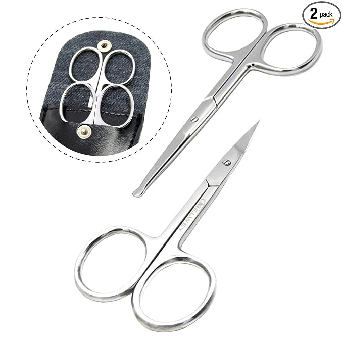 Pack of 2 Curved & Rounded Blunt Tip TSA Stainless Steel Small Scissors for Eyebrows & Eyelashes for Beard Trimming & Moustache, Baby Scissors for Nails, Nose & Facial Hair Scissor.