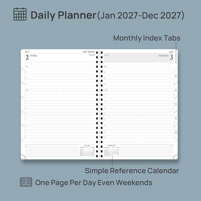 POPRUN 2027 Daily Planner One Page Per Day, Large 8.5" x 12", Calendar Book from Jan 2027 - Dec 2027, Hardcover Appointment Book with Hourly Time Slots, Spiral Bound, Monthly Tabs - Midnight Green