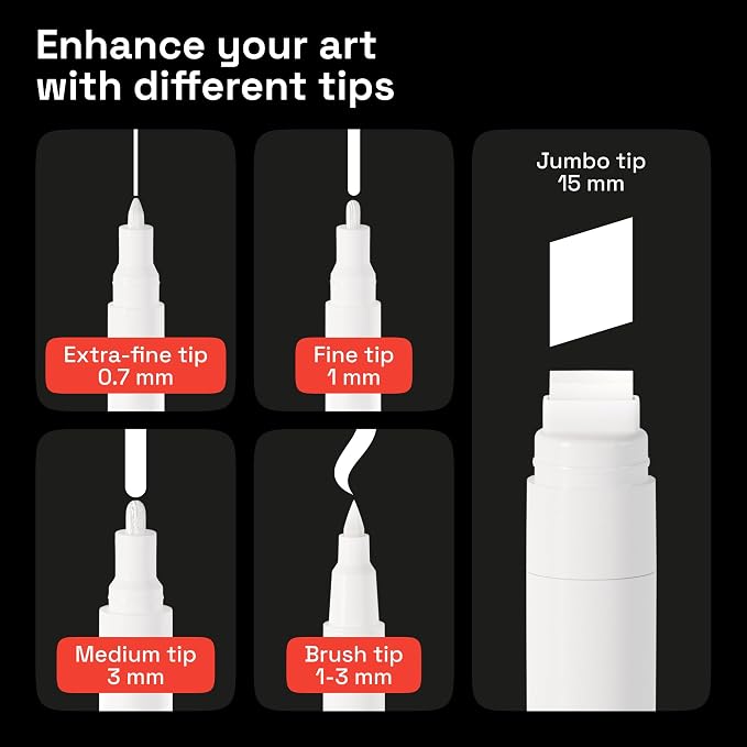 ARTISTRO White Paint Pens - Various Tips - Set of 5 | Acrylic Paint Markers, Water-Based, For Rock, Glass, Ceramic, Wood, Tire, Fabric, Metal, Canvas, Marking, Painting