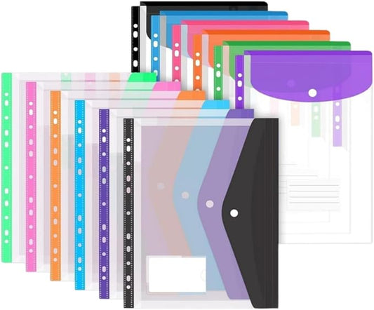 12 Pack Expandable Plastic Envelopes Binder Pocket, 11 Hole Expanding File Pockets for 2/3/4 Ring Document Pouch with Snap Button & Label, Loose-Leaf Transparent for School Home Office