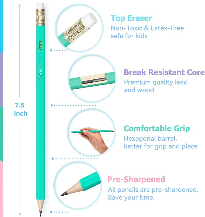 V-Opitos 200 Pack Bulk Pre-Sharpened Pastel #2 HB Wood-Cased Pencils | Color Pencils with Top Erasers, School Teacher Supplies, Writing, Drawing and Sketching